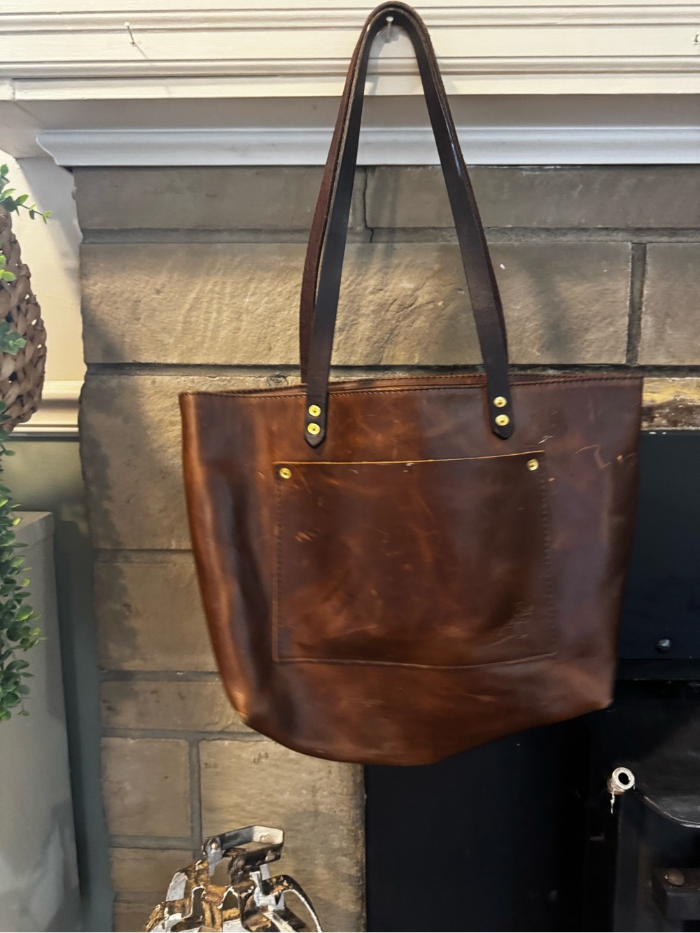 Everyday Brown Leather Tote with Front Pocket